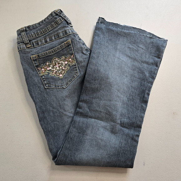 Angels Jeans Juniors 3 Blue Flare Raw Hem Ankle Embordered Sequin Bejeweled - Picture 11 of 16